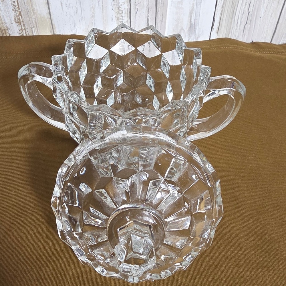 Vintage Fostoria American Clear Glass Creamer and Sugar Bowl Set Diamond Point - Picture 4 of 11